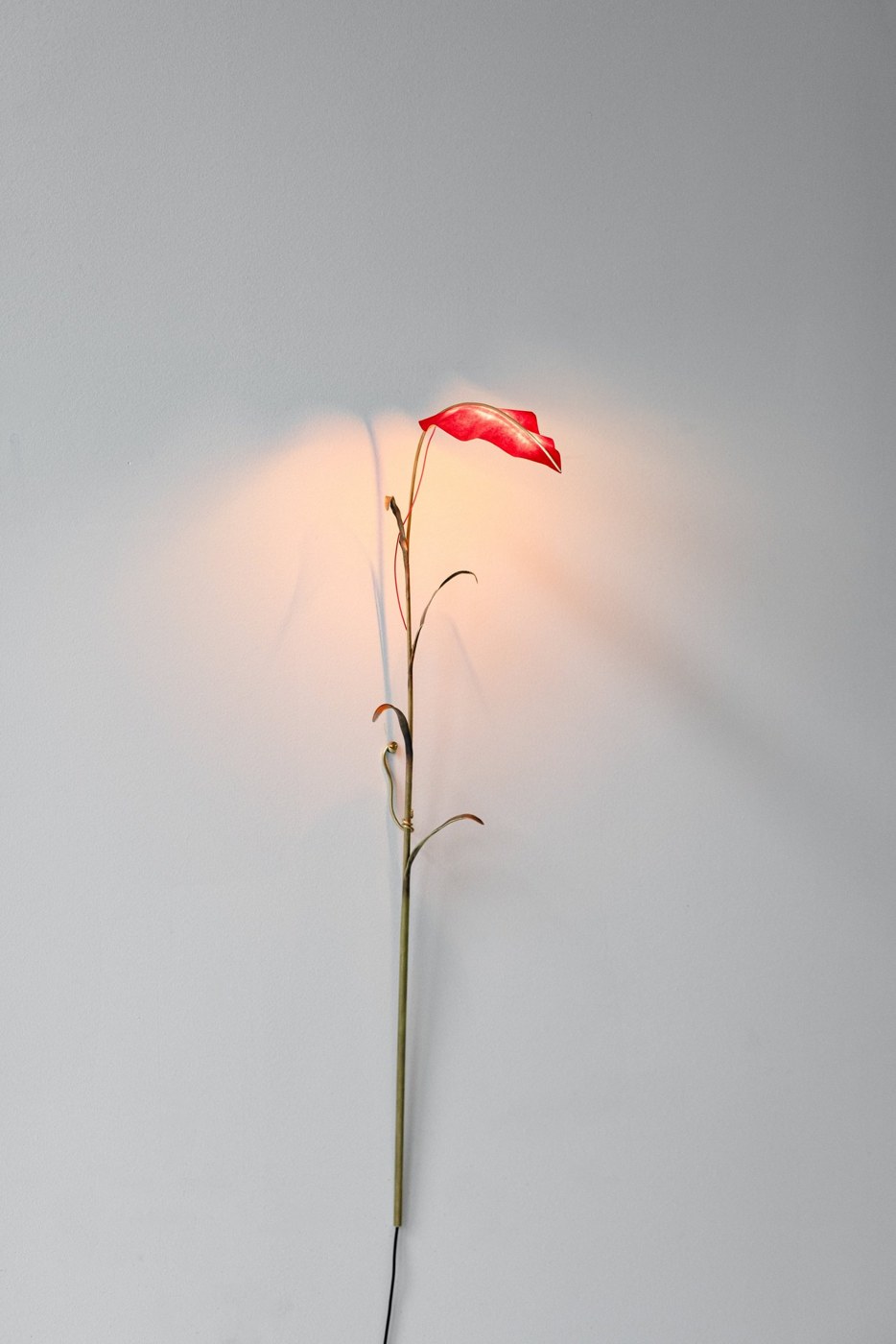 Jake Coan’s red paper leaf wall light on a slender brass stem.