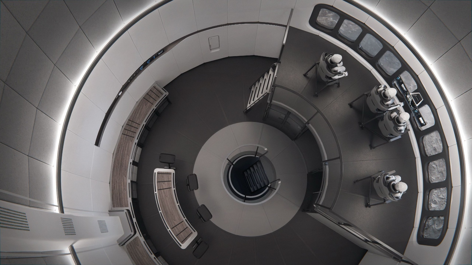 SpaceX cabin concept: a circular compartment, seats and lighting strips along the walls